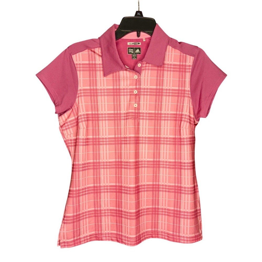 Adidas Climacool Golf Polo Athletic Shirt Women's M Pink White Plaid